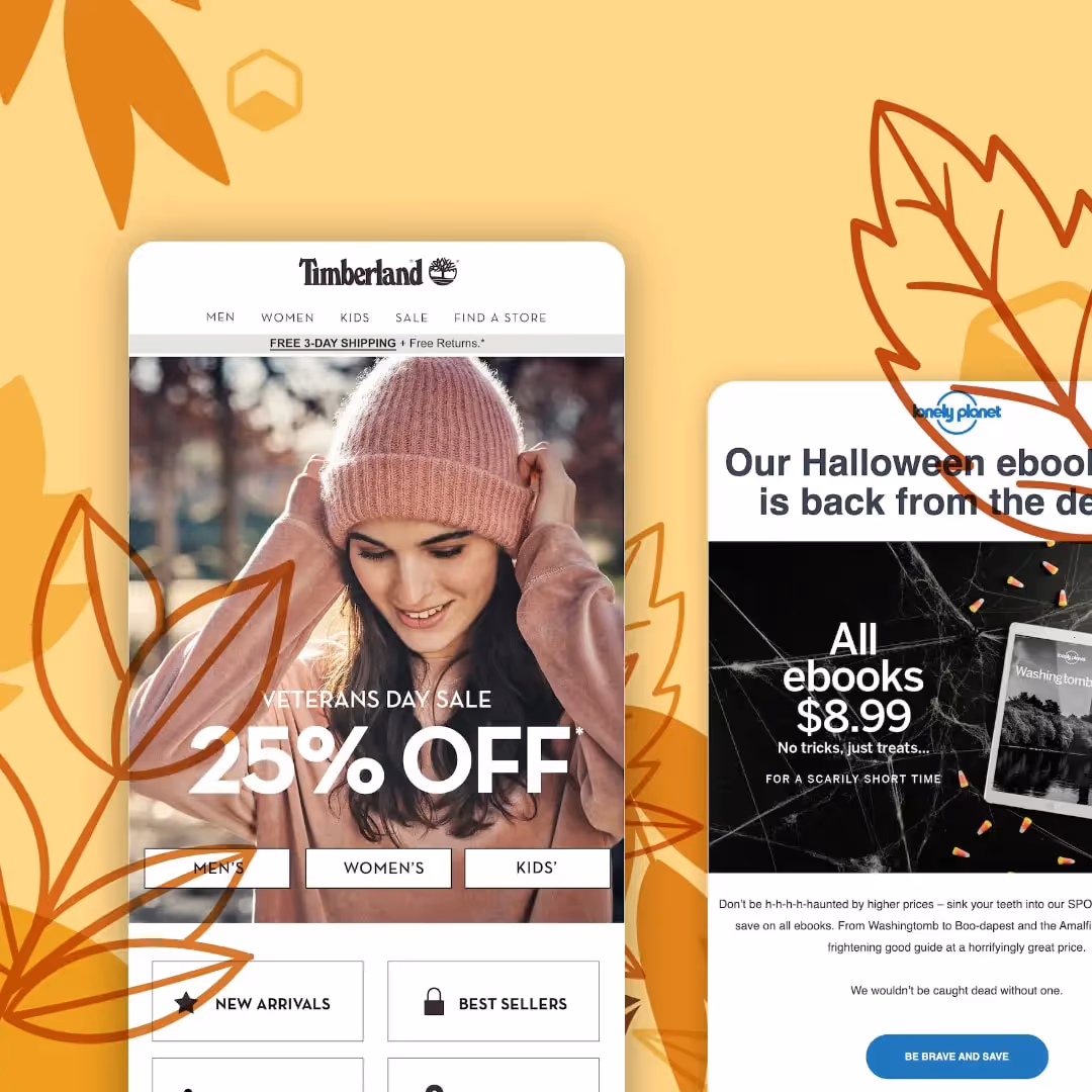 Fall email templates: Timberland ad with pink beanie model & free 3-day shipping; Lonely Planet Halloween ebook sale $8.99