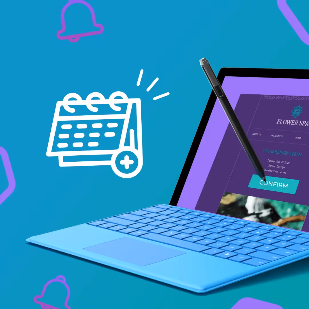FLOWER SPA appointment confirmation email on a purple laptop with a turquoise CONFIRM button and a calendar-plus icon.