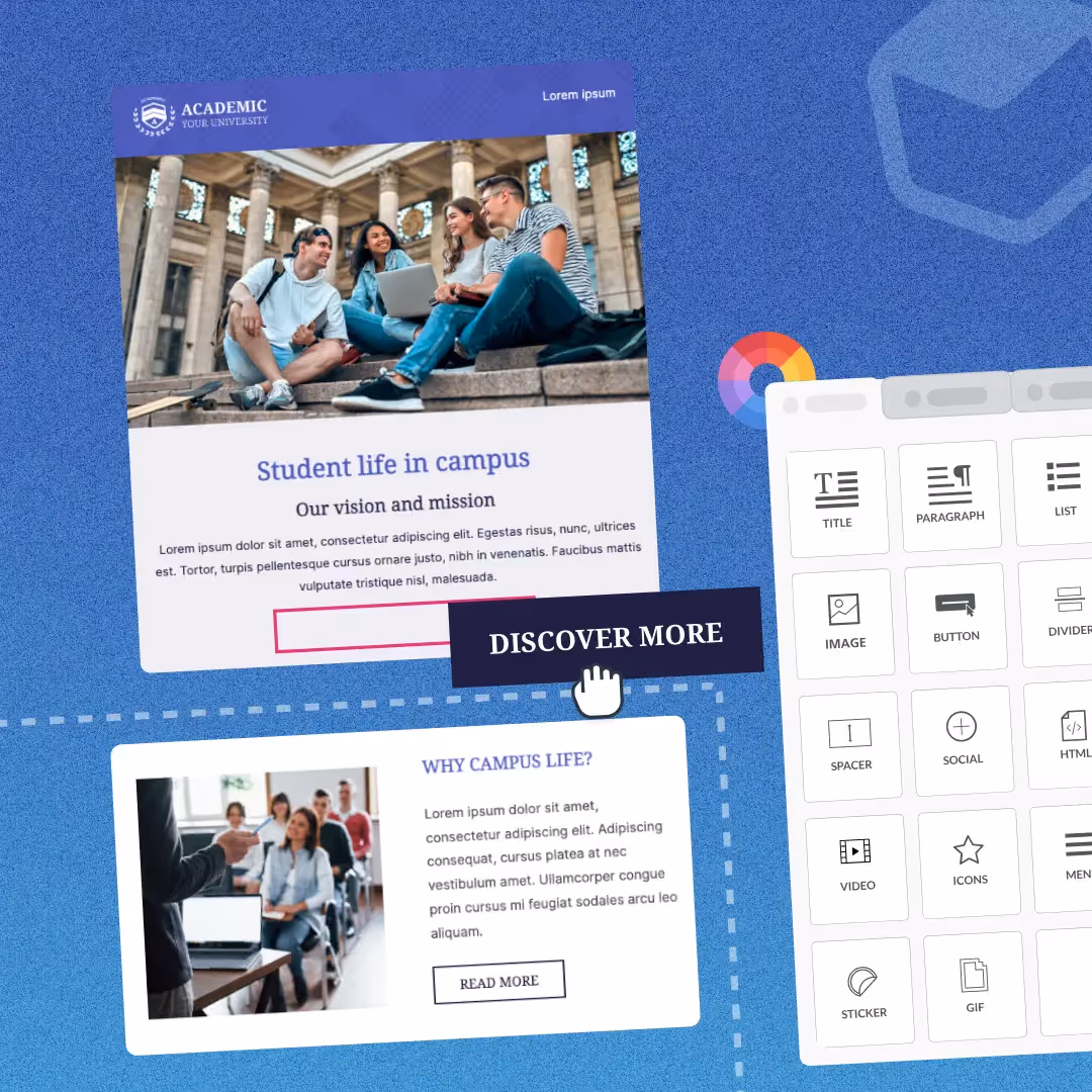 Drag-and-drop email editor with personalized student campus life newsletter template and a “Discover More” CTA button.