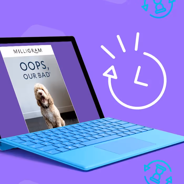 Purple tablet shows “Oops, Our Bad” late delivery apology email template from Milligram with dog image and clock icons.