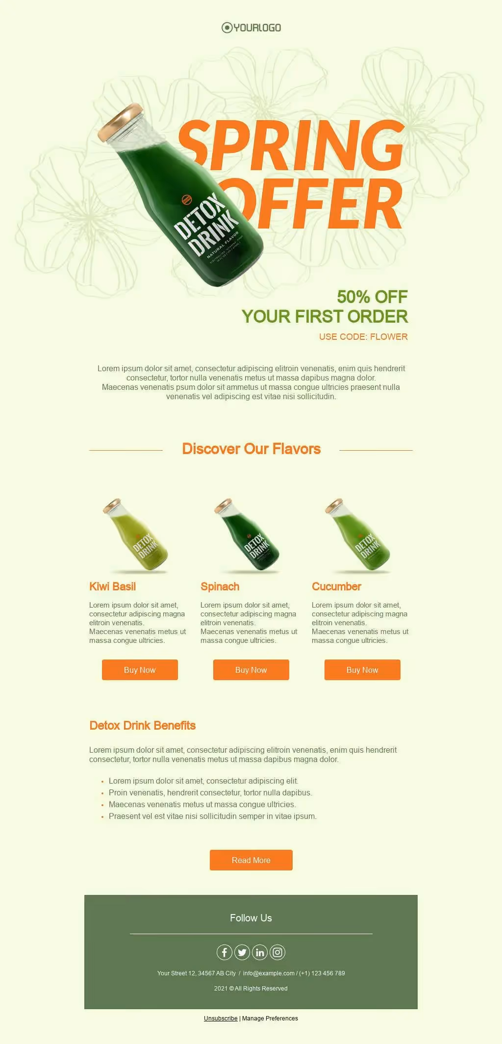 Spring offer: Get 50% off your first detox drink order. Explore Kiwi Basil, Spinach & Cucumber flavors.
