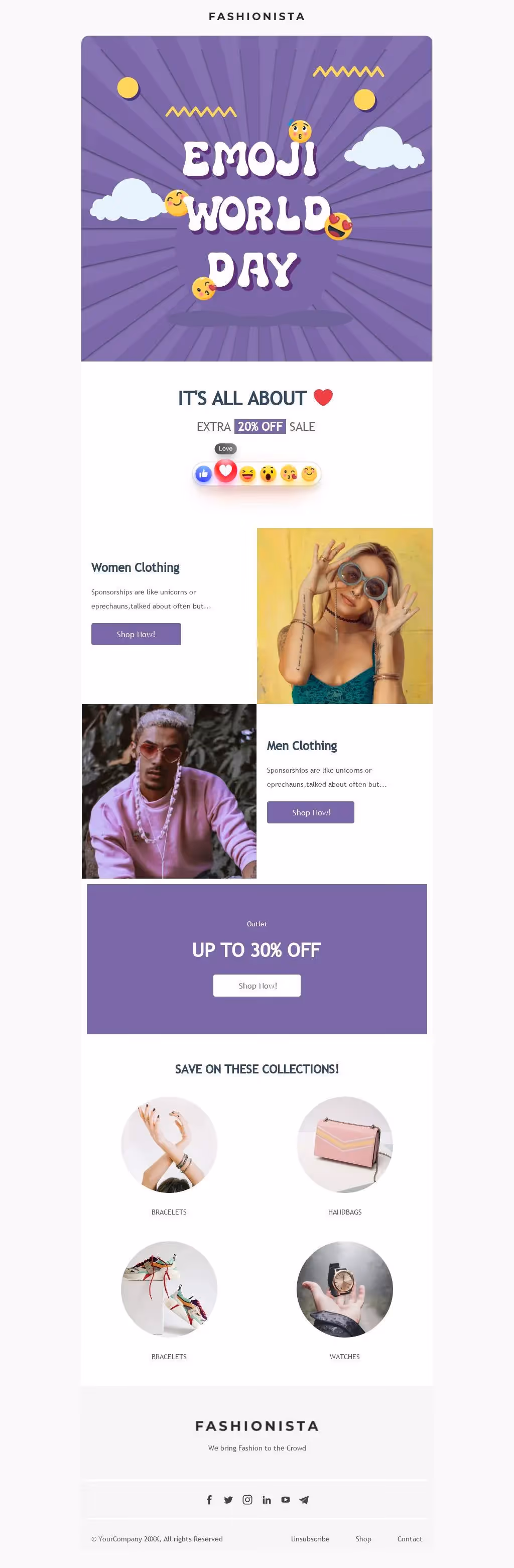 Emoji World Day fashion sale promo with 20% off, men’s and women’s clothing, outlet deals, and accessories showcase.