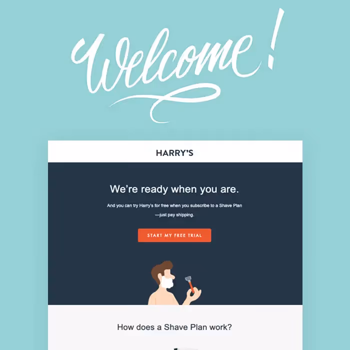 Example of a welcome email from Harry’s with a trial offer, representing tips on nurturing leads through a welcome email series.