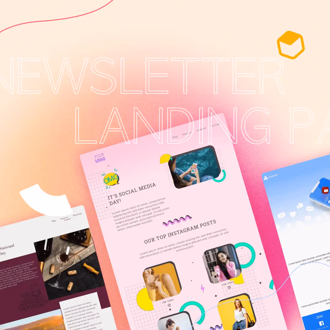 Colorful collage of newsletter landing page designs with bold text and social media themes, highlighting high-conversion email marketing tips.