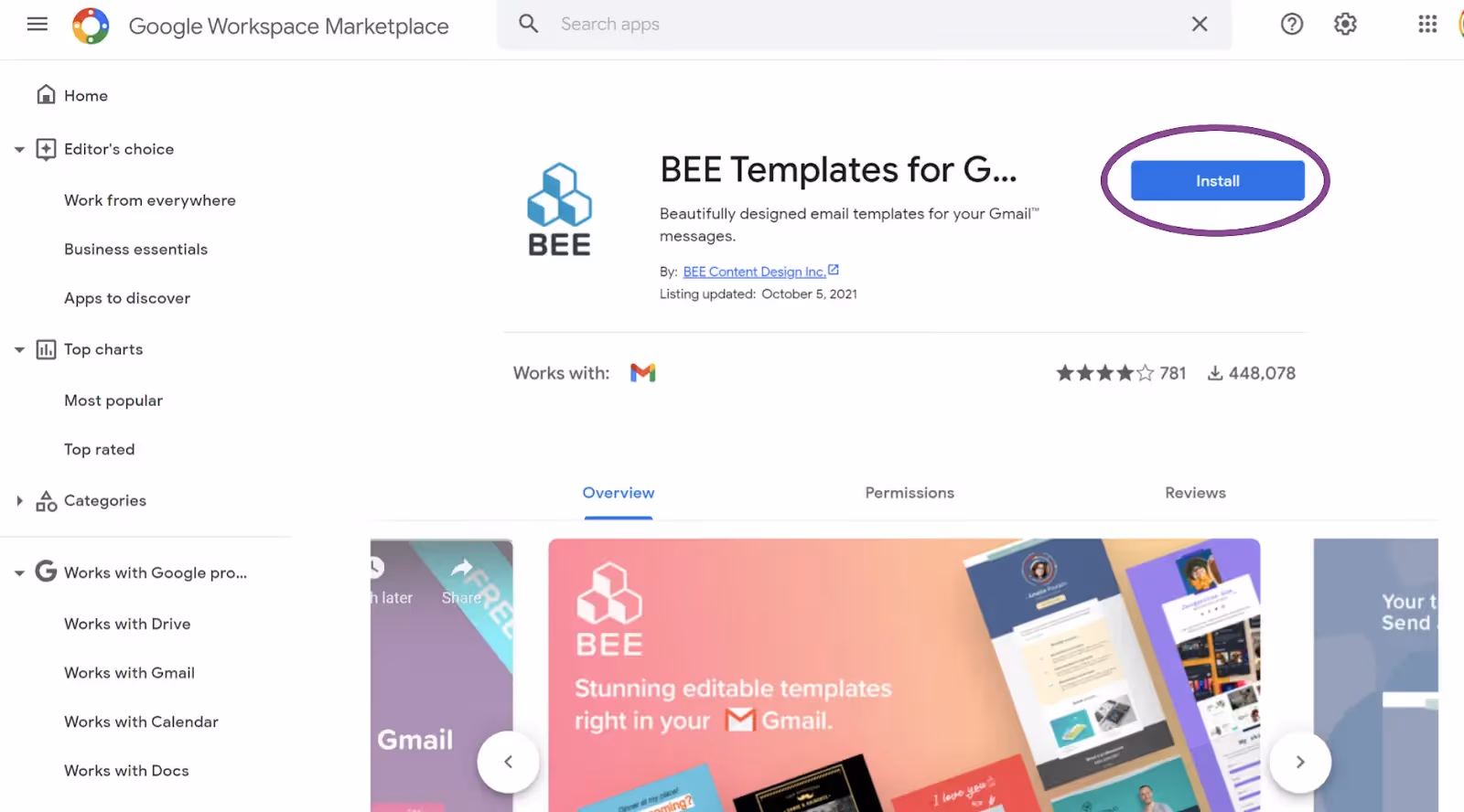 Installing BEE Templates for Gmail inside of Google Workspace Marketplace