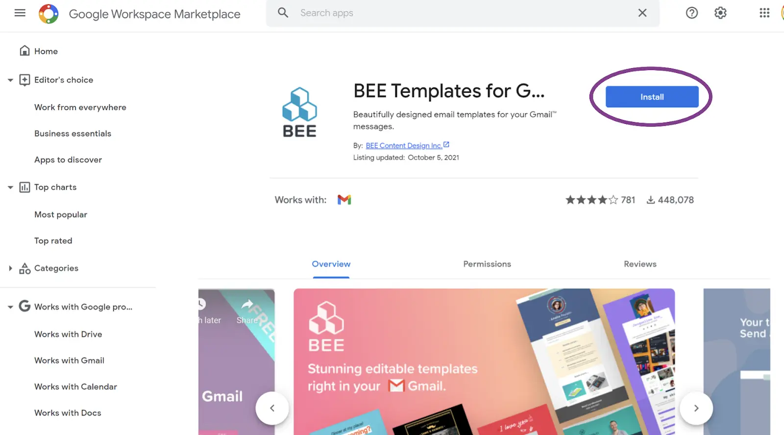 Installing BEE Templates for Gmail inside of Google Workspace Marketplace