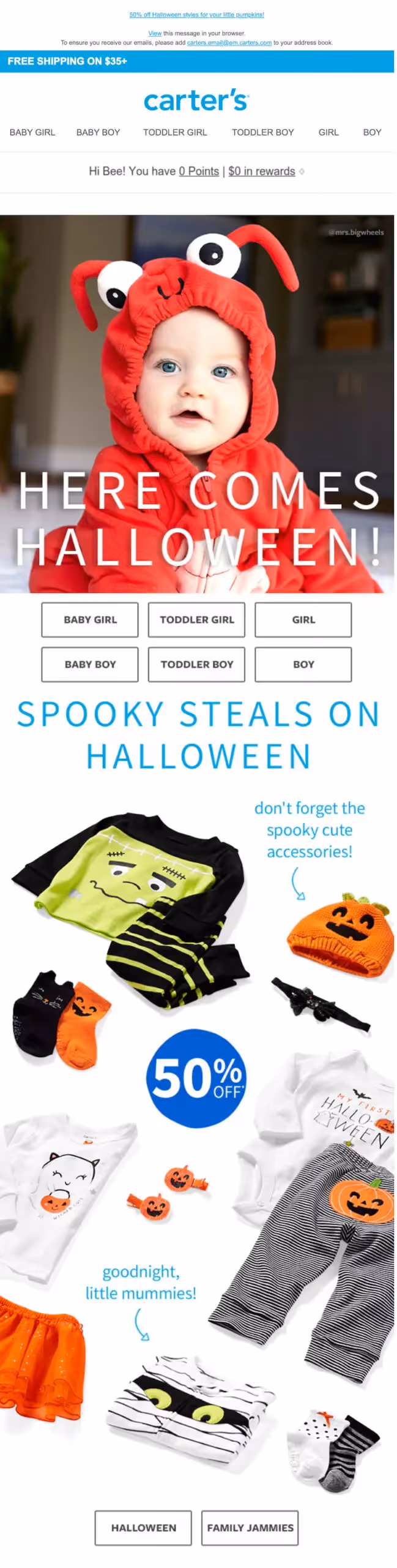 Carter’s Halloween sale ad featuring baby in crab costume, spooky kids' outfits, 50% off deals, and family jammies promo.