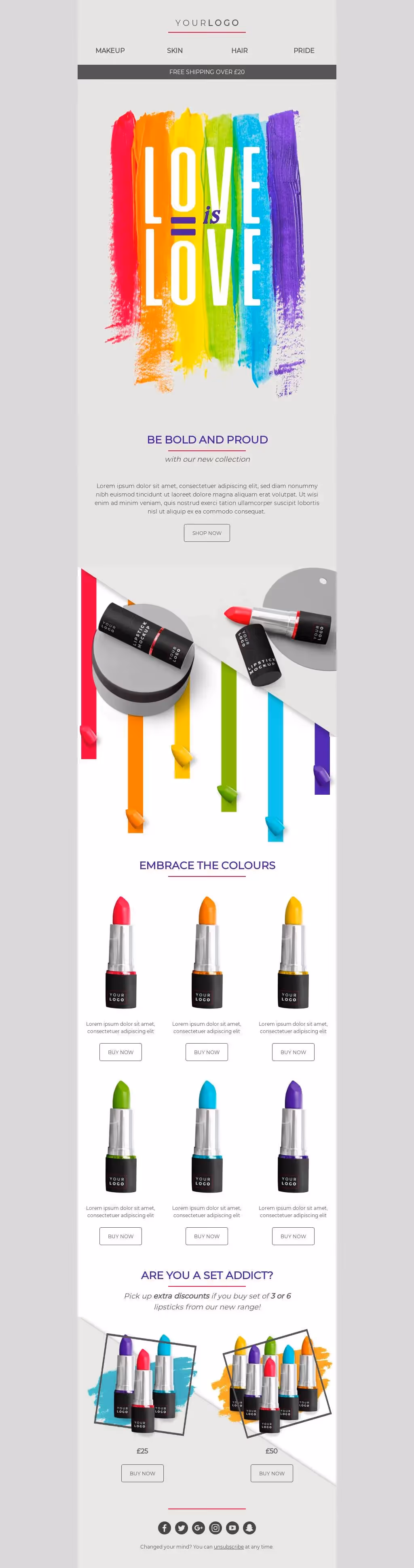 Pride-themed lipstick promo with rainbow "Love is Love" design, bold color options, and multi-pack discounts.