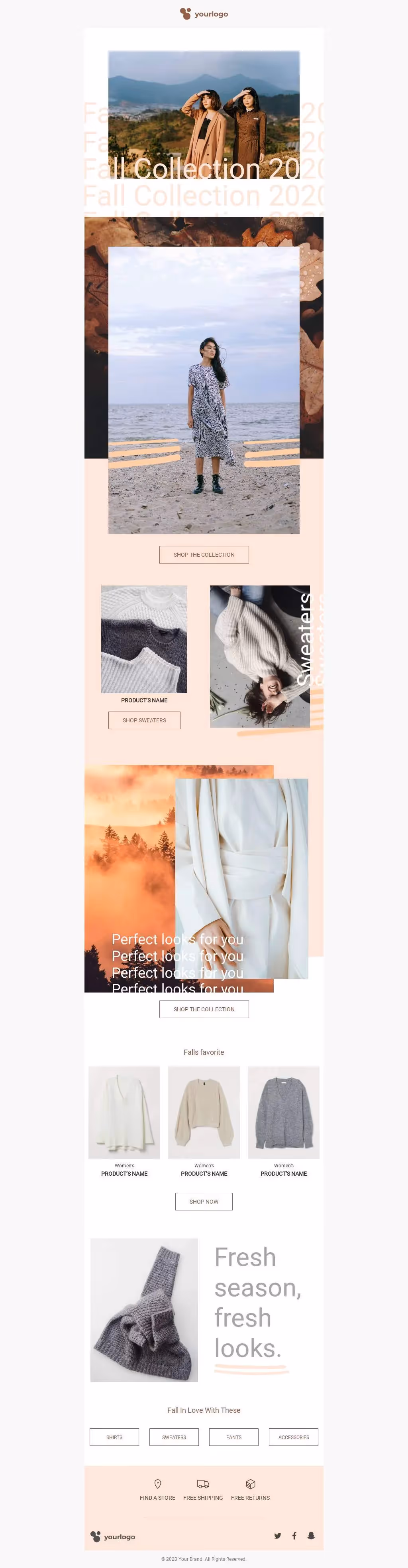 Fall fashion collection promo with cozy sweaters, scenic visuals, new arrivals, and minimalist shopping call-to-actions.