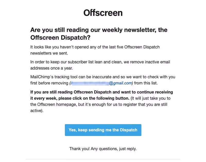 offscreen dispatch re-engagement email campaign