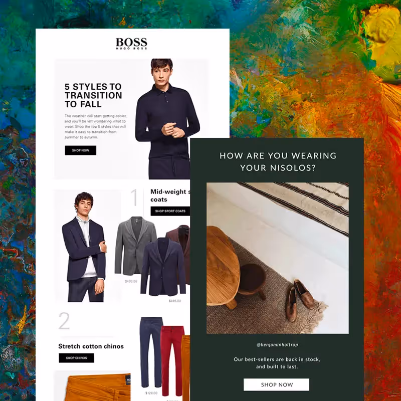 Three fall-themed emails: Harry’s body wash ad over soap suds; Hugo Boss 5 fall coat styles guide; Nisolo shoe showcase