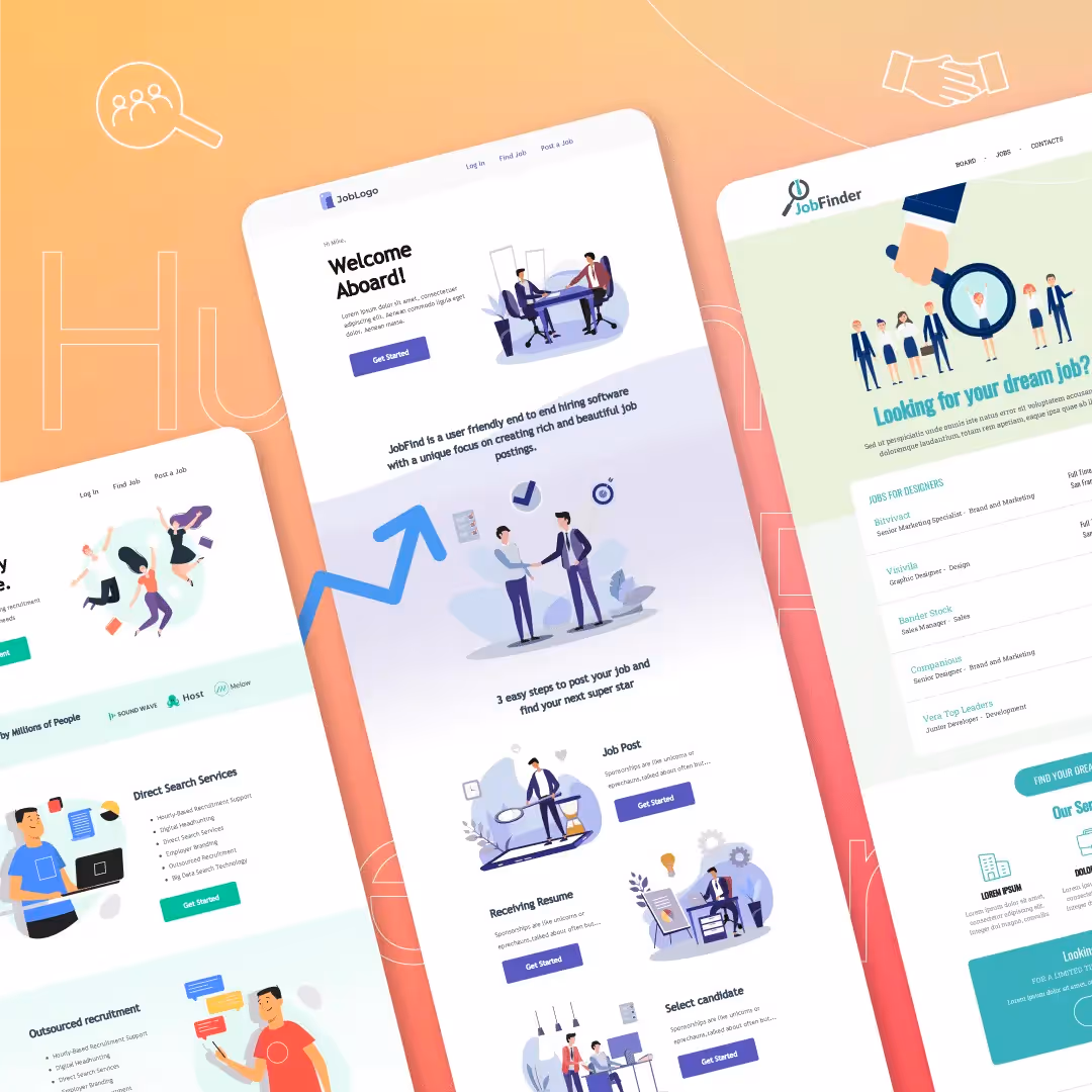Three illustrated HR email templates featuring welcome messages, job search tools, and onboarding graphics.