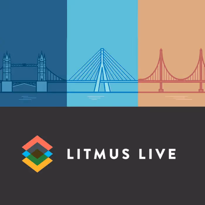 Litmus Live 2018 banner with illustrated bridges of London, Boston, and San Francisco above the Litmus logo on a dark background.