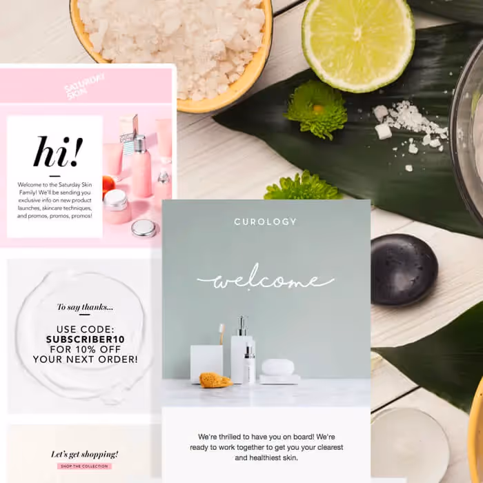 Skincare welcome email designs from brands like Saturday Skin and Curology, featuring product visuals, promo codes, and clean layouts.