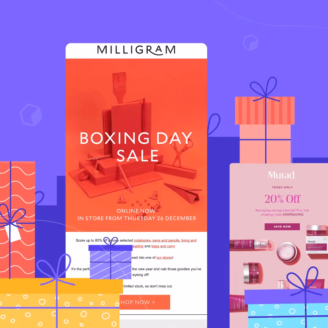 Boxing Day email promotions with product ads, sale details, and gift-themed background graphics.