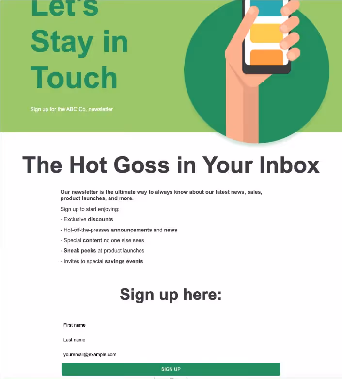 ABC Co. newsletter landing page examples