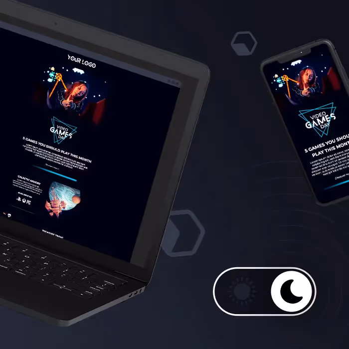 Laptop and smartphone showing a dark mode video game email design with neon accents and a toggle icon for night mode.