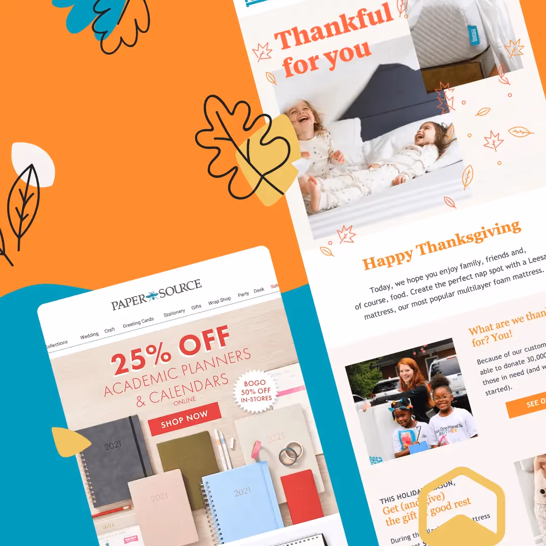 Thanksgiving email marketing examples with seasonal promotions, family-themed visuals, discount offers, and festive autumn-inspired designs.