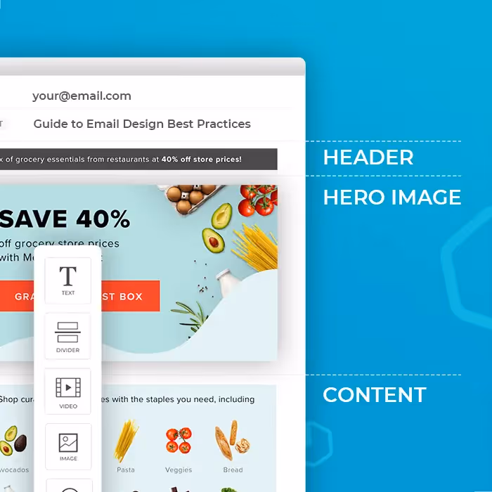 Email design best practices guide illustration showing editable template with header, hero image, and promotional “Save 40%” grocery offer.