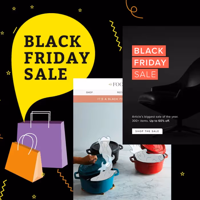 Black Friday email designs with shopping bags, cookware deals, and furniture sale promos in bold colors.