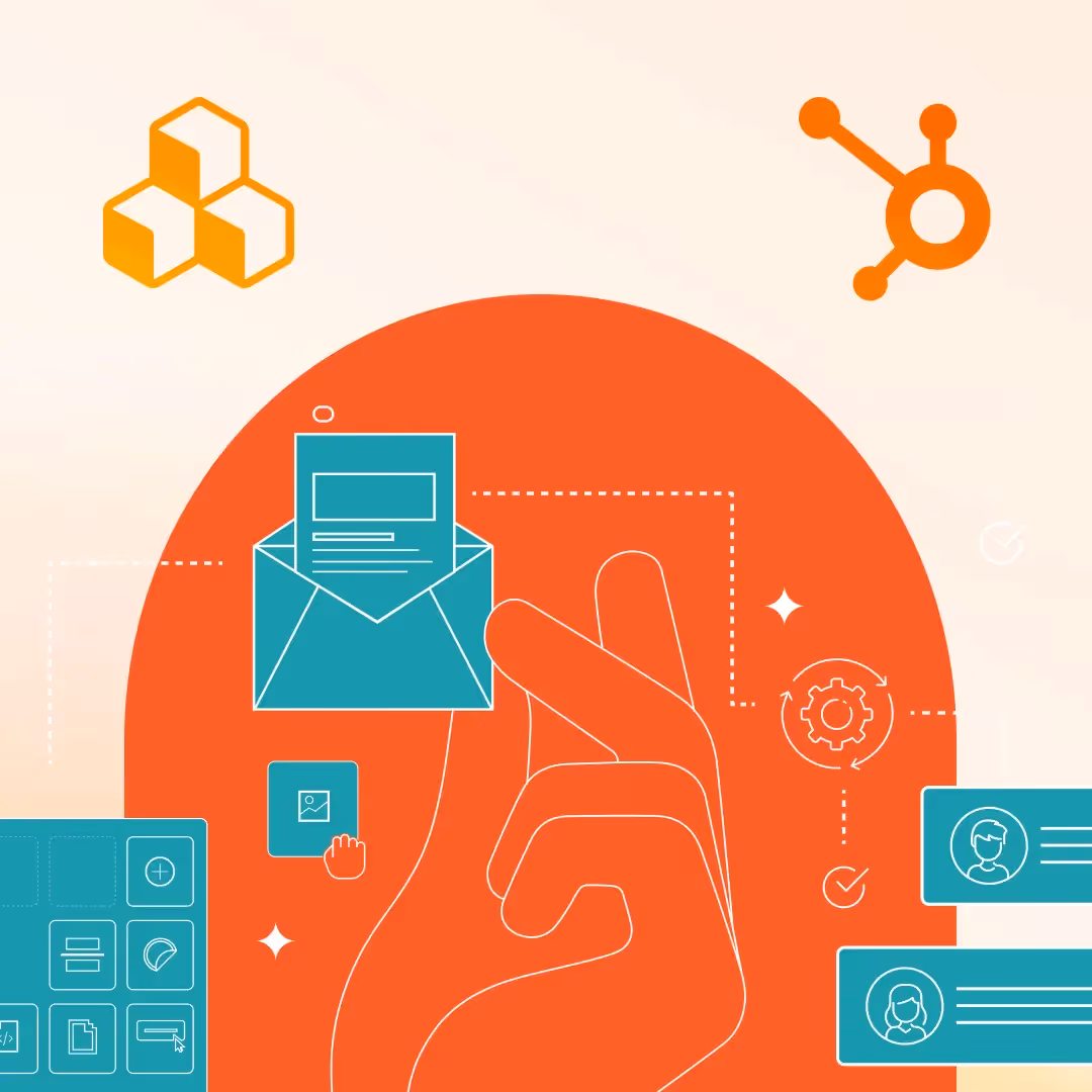 Email automation workflow: Hand pinches a floating email icon linked by dotted lines to module tiles, user profile cards, settings gear, and the HubSpot logo on a warm gradient