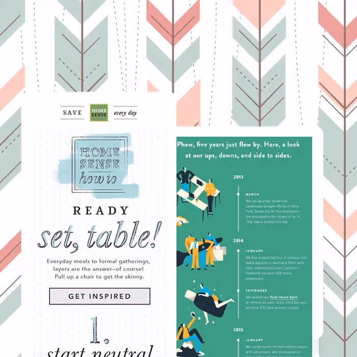 A collage of stylish newsletter designs showcasing welcome, inspirational, and timeline-based roundup email formats for engaging subscribers.