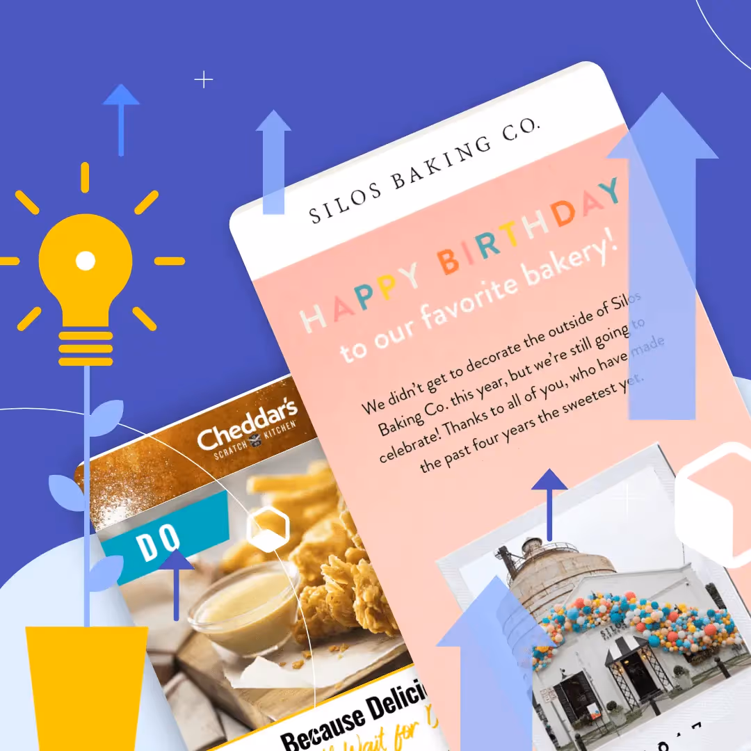 Purple backdrop with rising arrows, lightbulb plant icon, Cheddar’s chicken promo and Silos Baking Co. birthday emails.