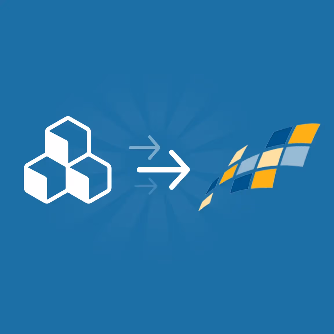 Arrow from BEE email editor icon (three white stacked cubes) pointing to the Constant Contact mosaic logo on a solid blue background, illustrating Constant Contact integration with the BEE editor.
