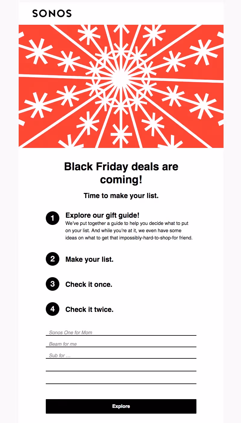 Sonos Black Friday email featuring bold red snowflake artwork, gift guide promotion, checklist for holiday shopping, and a call-to-action to explore deals.