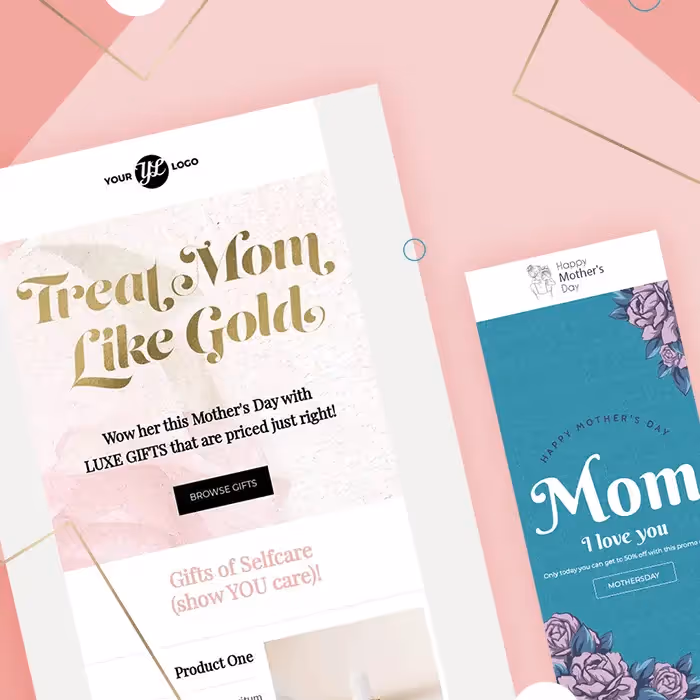 Mother’s Day emails featuring luxe gift ideas and heartfelt messages with floral and gold design accents.