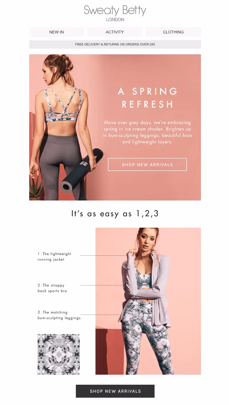 Sweaty Betty spring collection featuring sports bras, leggings, and lightweight jackets in pastel shades.
