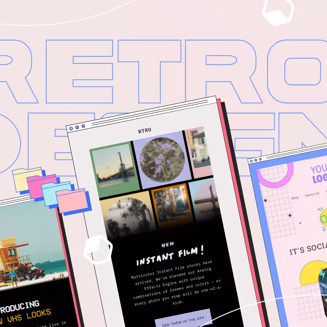 Overlapping retro email templates showcasing vintage Polaroid photo collage labeled “RTRO,” pastel folder icons, an “OMG” speech bubble and “YOUR LOGO” text, all set against a large outlined “RETRO” backdrop.