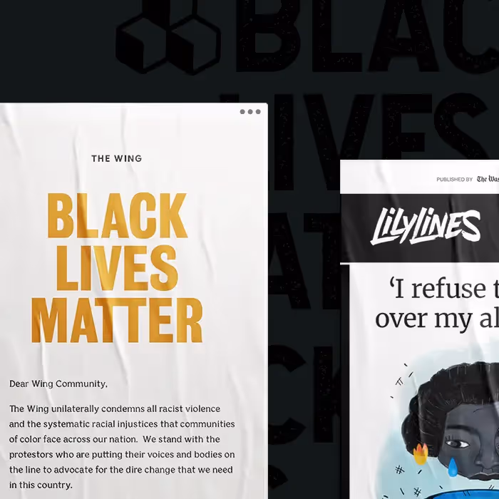 Email design featuring “BLACK LIVES MATTER” in bold gold letters by The Wing, showing social justice support messaging.