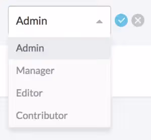 Dropdown menu showing role options: Admin, Manager, Editor, Contributor for assigning user permissions.