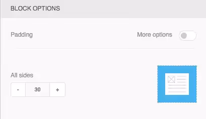 Block options panel showing **padding settings**, with adjustable values for all sides of the content block.