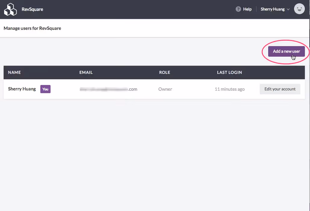 User management screen in RevSquare showing current users and an option to add a new user.