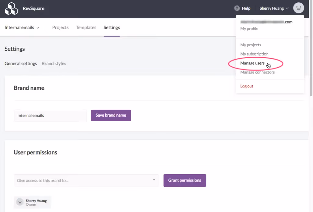 Settings page in RevSquare with brand name editing, user permissions, and "Manage users" option highlighted.