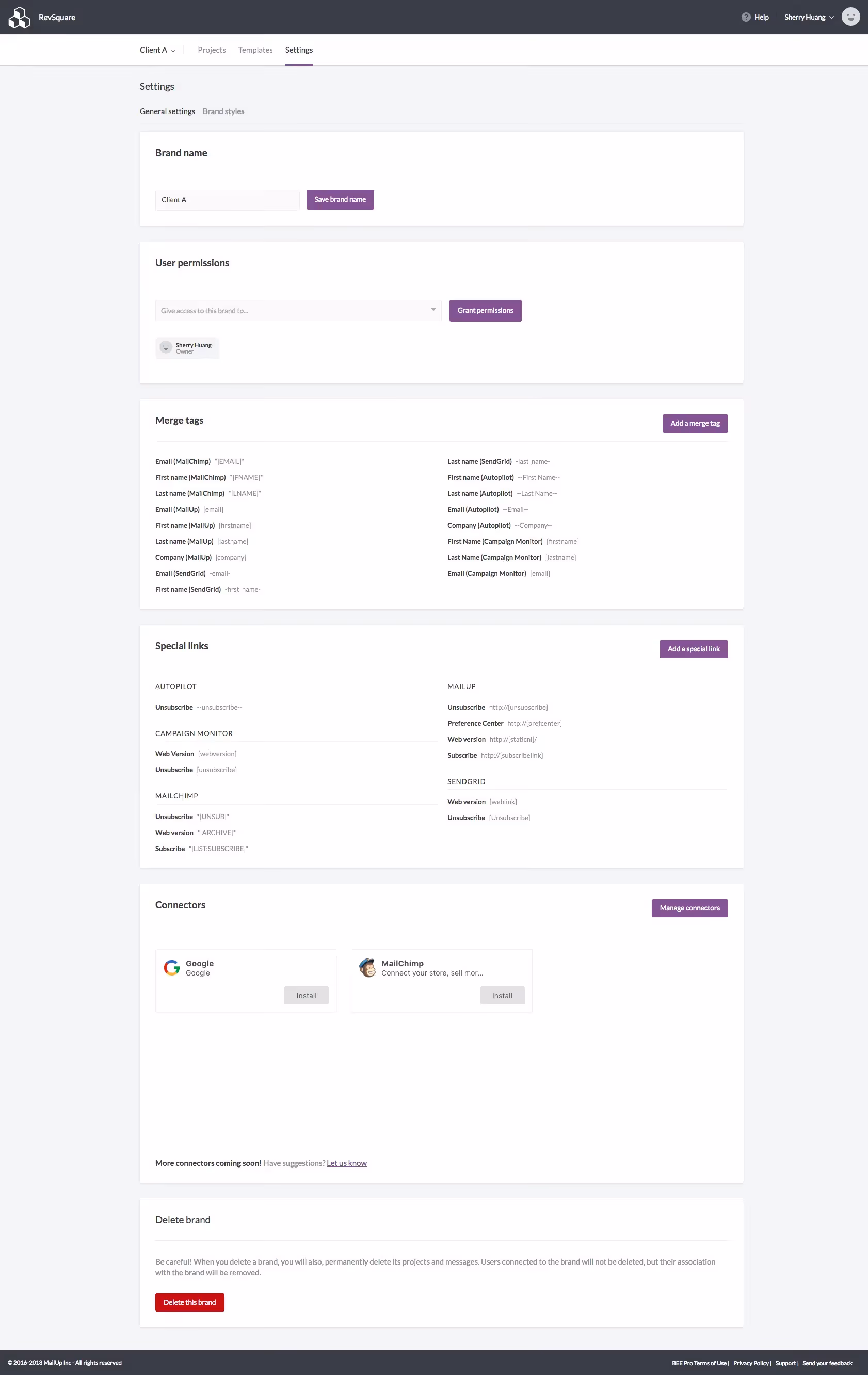 Settings page for "Client A" brand, showing permissions, merge tags, special links, connectors, and delete brand option.