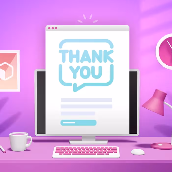 Purple desktop workspace with a computer monitor showing a thank-you email template (“Thank You” in a speech bubble), accompanied by a keyboard, mouse, coffee cup, speakers, desk lamp, potted plant, and wall clock.