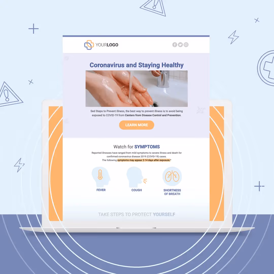 COVID-19 email with handwashing image, promoting health tips and safety communication in crisis email marketing campaigns.