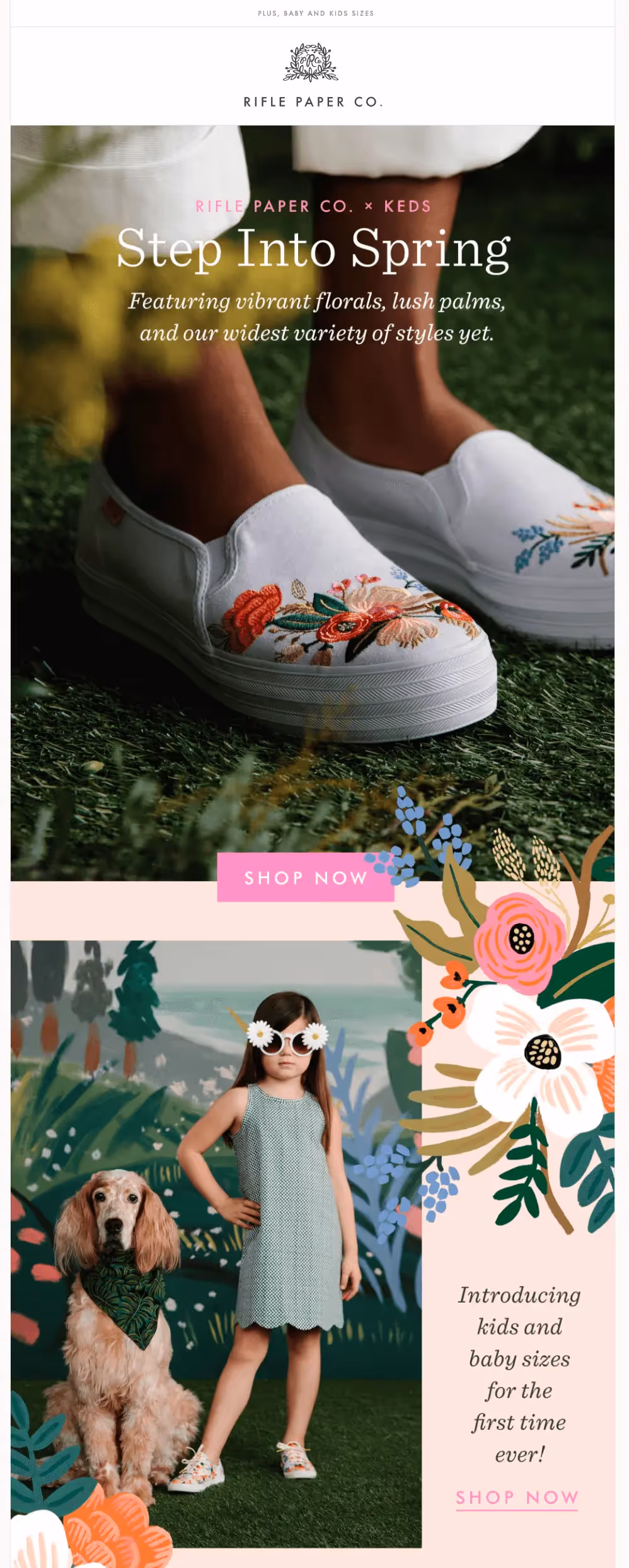 Rifle Paper Co. × Keds spring collection with vibrant florals, lush palms, and new kids and baby sizes.