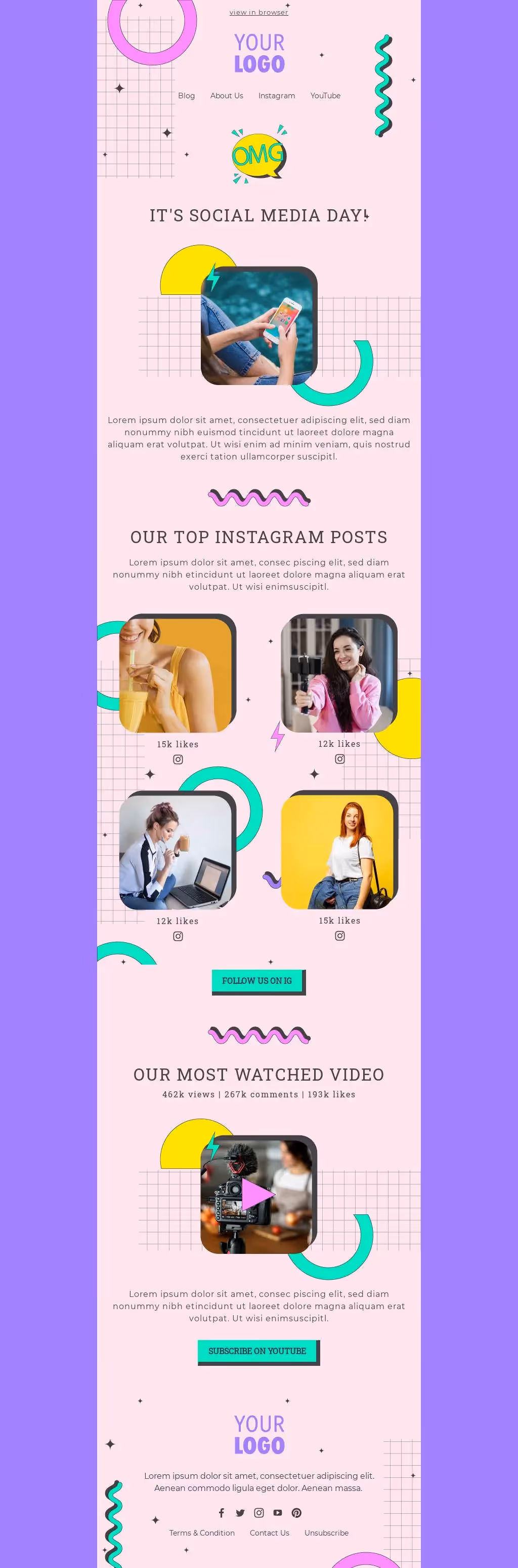 Colorful social media day email with top Instagram posts, likes, most-watched video stats, and CTAs for IG and YouTube.
