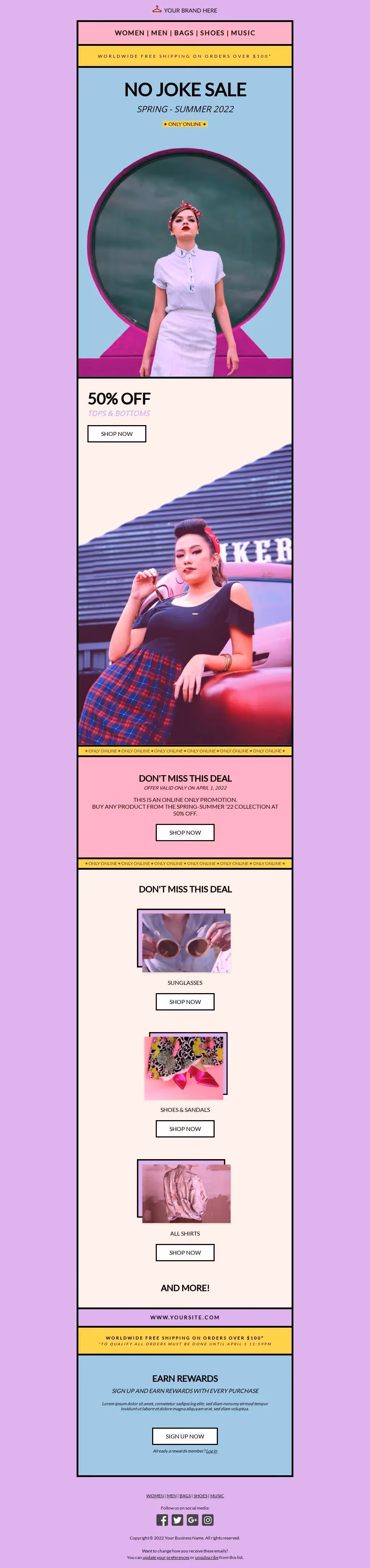 Spring-Summer 2022 fashion sale banner with 50% off tops, featuring models, sunglasses, shoes, and shirts promo.