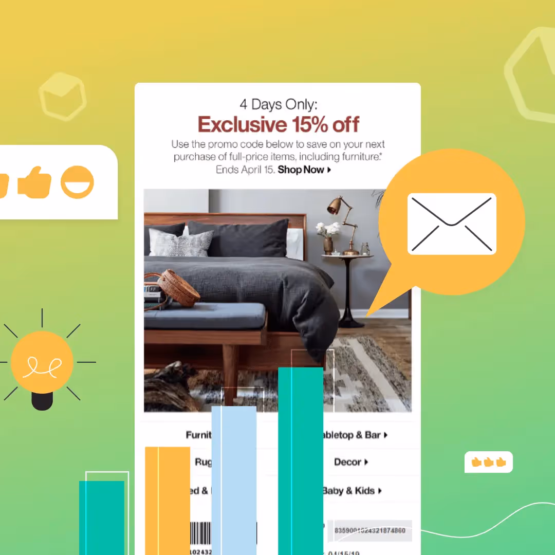 Promotional email graphic offering 15% off for 4 days, with charts, engagement icons, and a bedroom furniture photo.
