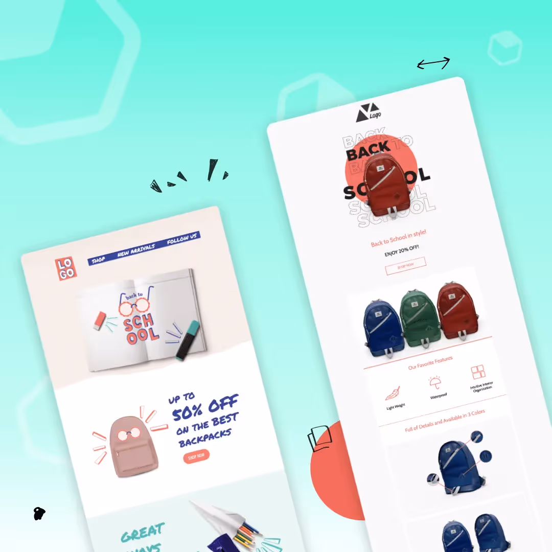 Back to school email designs with colorful backpacks, notebooks, and promotional text on bright backgrounds.
