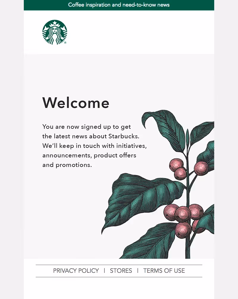 Starbucks welcome email confirming subscription for news, offers, and promotions.