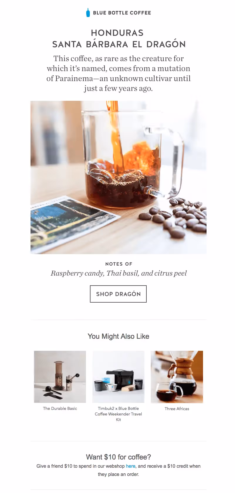 Blue Bottle Coffee email featuring Honduras Santa Bárbara El Dragón with tasting notes and product suggestions.