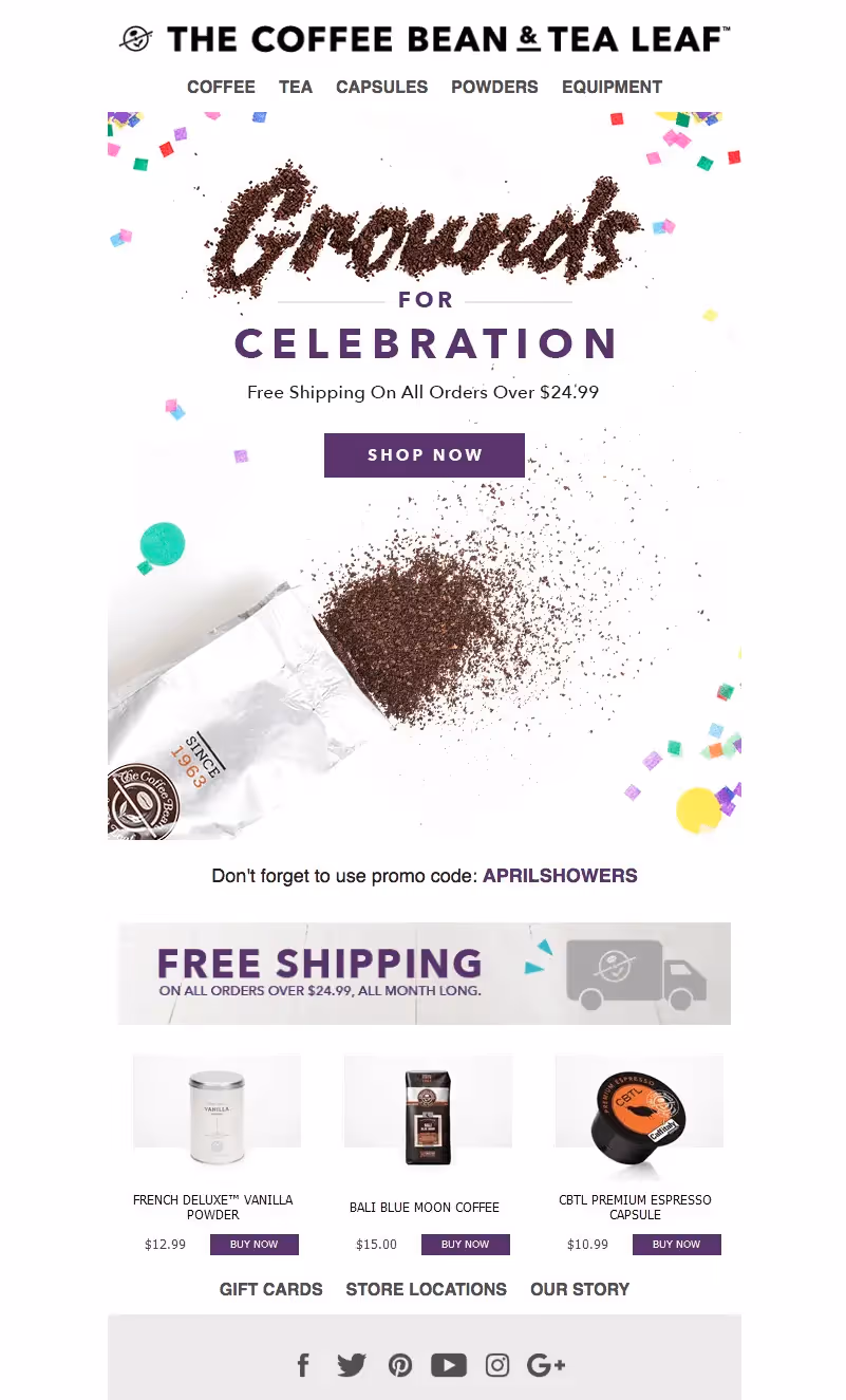 The Coffee Bean & Tea Leaf promo offering free shipping over $24.99 with featured coffee and tea products.