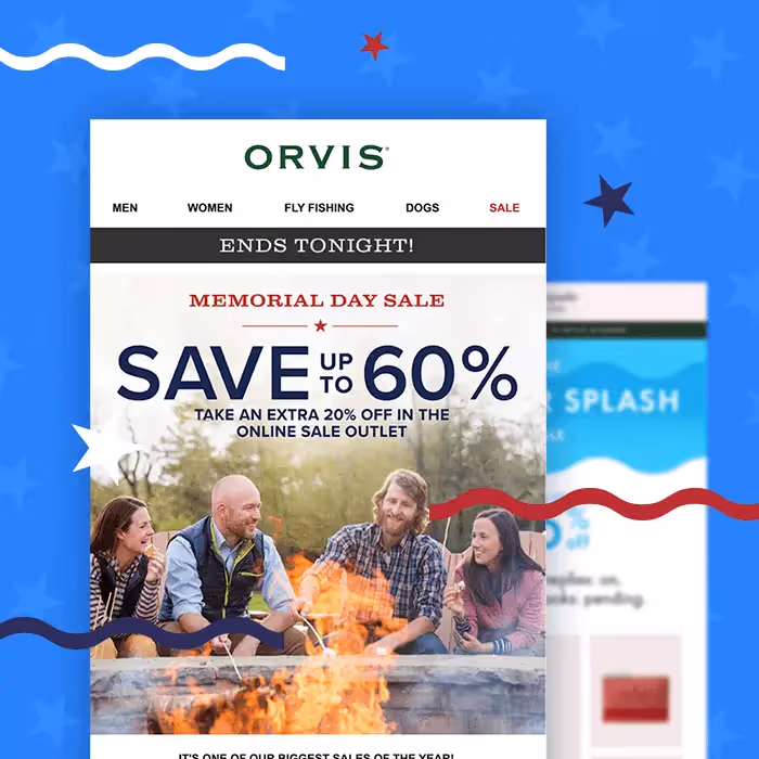 Memorial Day sale email with “Save up to 60%” headline, campfire scene with group outdoors, and patriotic design elements.
