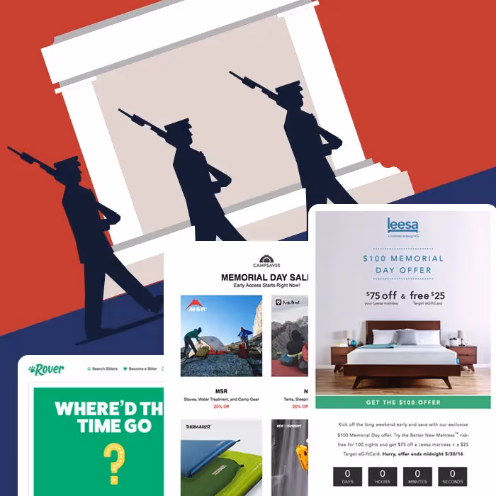 Collage of Memorial Day email designs with patriotic theme, promotions, and bold CTAs highlighting seasonal marketing campaign trends.